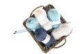 Blue and white knitting yarn in a basket