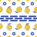 Blue and white lemon mediterranean seamless tile pattern. Royalty Free Stock Photo