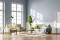 Blue and white living room interior with sofa and armchairs near window, mockup