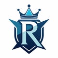 Blue and white logo featuring a crown on top, symbolizing royalty and elegance, crown letter R logo