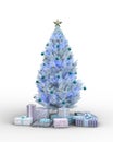 Blue and white man made Christmas tree surrounded by wrapped presents. Isolated 3D rendering Royalty Free Stock Photo