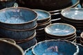 Blue white marble pattern ceramic porcelain dinnerware plates dishes Royalty Free Stock Photo