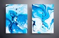 Blue and white marbling acrylic paint background. Contemporary fluid art illustration. Aquarelle colors mixing effect