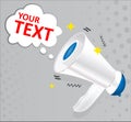 Blue and white megaphone with speech bubble isolated on gray background. Social media marketing concept