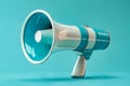 Blue and white megaphone on turquoise background. Generative AI Royalty Free Stock Photo