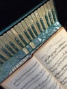 Blue and white mother of pearl accordion with music 6.