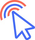 Blue and white mouse arrow cursor clicking and creating red and blue radial waves, representing wireless connection
