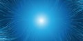 Blue and White Moving Stream of Particles in Curving, Wavy Lines, Flowing Into a Central Shining Light, Bright Star