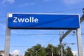 Blue and white name sign at the platform of Zwolle station