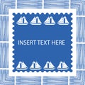 Blue and white nautical frame with brush elements and hand drawn sailing boats in square centre with scalloped edge