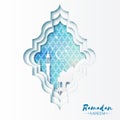 Blue White Origami Mosque Window Ramadan Kareem Greeting card Royalty Free Stock Photo