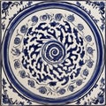 blue and white ornament A spiral blue and white Turkish decorative spiral tile plate with a spiral floral pattern Royalty Free Stock Photo
