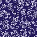 Blue and white paisley seamless pattern. Embroidered Turkish cucumber ornament. Cute print for textiles, summer clothes, dresses.