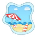 Blue And White Paper Layer Cut Background With Umbrella, Inflatable Ball, Surfboard And Beach