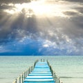 Blue and white pier