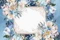 A Blue and White Porcelain square frame decorated with multicoloured flowers, blank space for text. Flat lay, top view