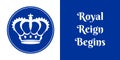Blue and white poster with a royal crown