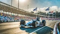 A blue and white race car speeds on the asphalt track under the cloudy sky