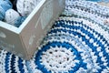 Blue and white rag rug and teeshirt wool