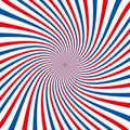 Blue white and red stripes spiral sunburst. Vector background.