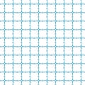 Blue and white repeat seamless pattern. Drawing is composed of rough squares, grid, circles and twisted dotted lines