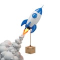 Blue and White Rocket Launching with Cargo Box and Smoke Trail on White Background Royalty Free Stock Photo
