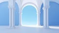 Blue and White Room With Arches and Pillars. Generative AI.