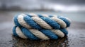 Blue and white rope coiled on a wet surface by the sea. Royalty Free Stock Photo