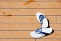 Blue and White Sandles on a Wood Deck