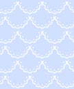 Blue and white scalloped lacy edge embroidery, seamless pattern, vector