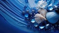 A blue and white seashells are on a wave of water, AI