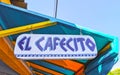 Blue white sign restaurant name El Cafecito Puerto Escondido Mexico