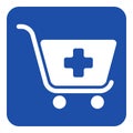 Blue, white sign - shopping cart plus, add icon