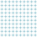 Blue and white simple repeat seamless pattern. Drawing is composed of rough squares, grid, twisted dotted lines like crosses