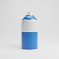 Blue and White Spray Paint Can with Silver Rim and White Nozzle on White Background spray can Royalty Free Stock Photo