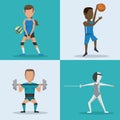 Blue and white square buttons set of athletes with variety sports Royalty Free Stock Photo