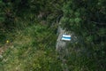 Blue and white square hiking markers, trail blazing symbol on a stone