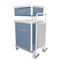 Blue and white stainless metal medical supply cabinet placed on a trolley, 3d illustration