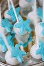 Blue and white star candy on sticks, marine thematic candy bar Royalty Free Stock Photo