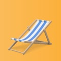 Blue and white striped beach chair. Realistic 3D deck chair isolated on orange background. Summertime object. Vector illustration