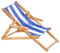 Blue and white striped wooden beach chair, hand drawn watercolor