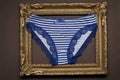 Blue and white stripes panties in a wooden photo frame Royalty Free Stock Photo