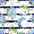 Blue and white summer flowers seamless vector design print.