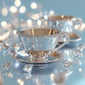 With blue and white tea cups and saucers, a table setting is created Royalty Free Stock Photo