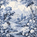 Blue And White Toile Wallpaper With Classical Landscape And Waterfall