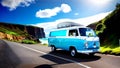 Blue and white travel caravan driving on a road along the sea coast with sunset. In travel and tourism concept Royalty Free Stock Photo