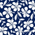 Blue and white tropical hibiscus flowers and leaves seamless pat