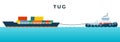 Tugboat designed to tow other vessels and container ship with containers vector icon flat isolated.