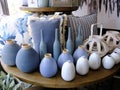 Blue and White Vases and Cushions, Display in Homewares Shop Royalty Free Stock Photo