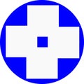 Blue and white vector graphic of a circle containing four overlapping squares